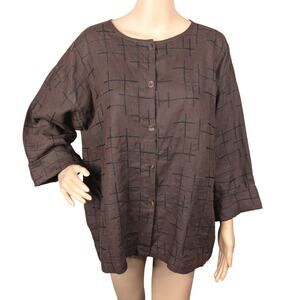 Chico’s 100% Linen Sashiko Embroidered Top 3 XL Brown Artsy Wearable Art Blouse